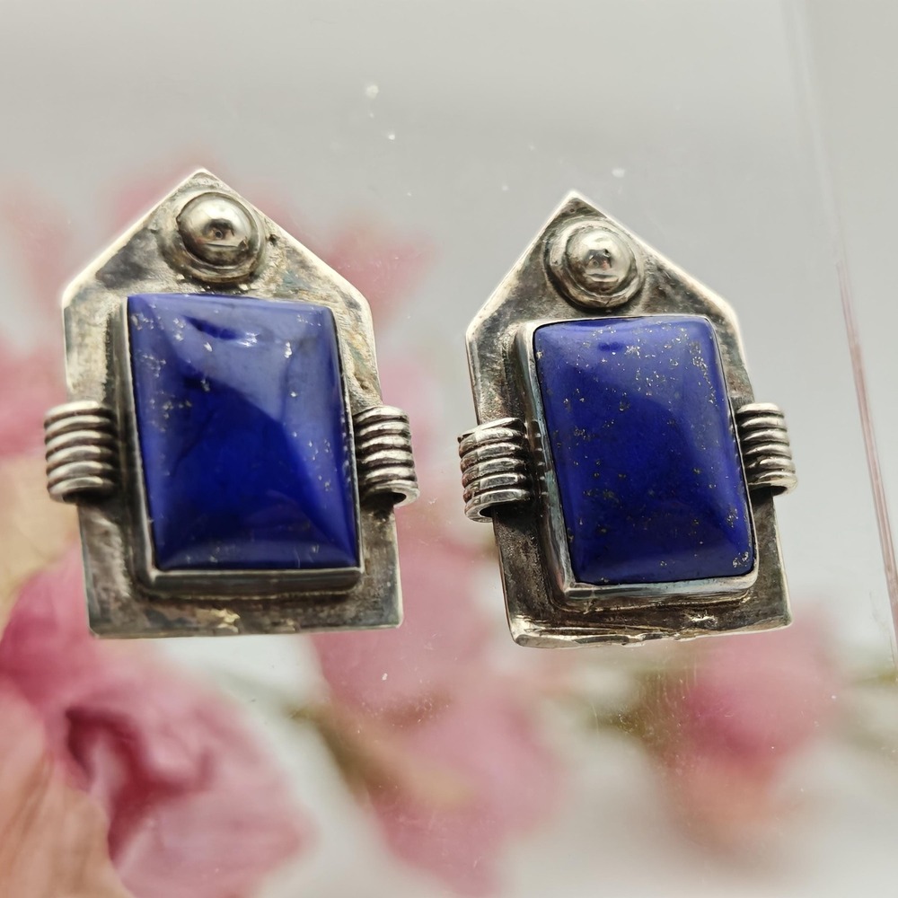 Blue Lapis & Sterling Silver Handmade Modernist Navajo Style Post Earrings